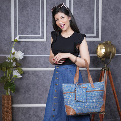 Blue Flowers - Office Tote Bag with Mini Pouch