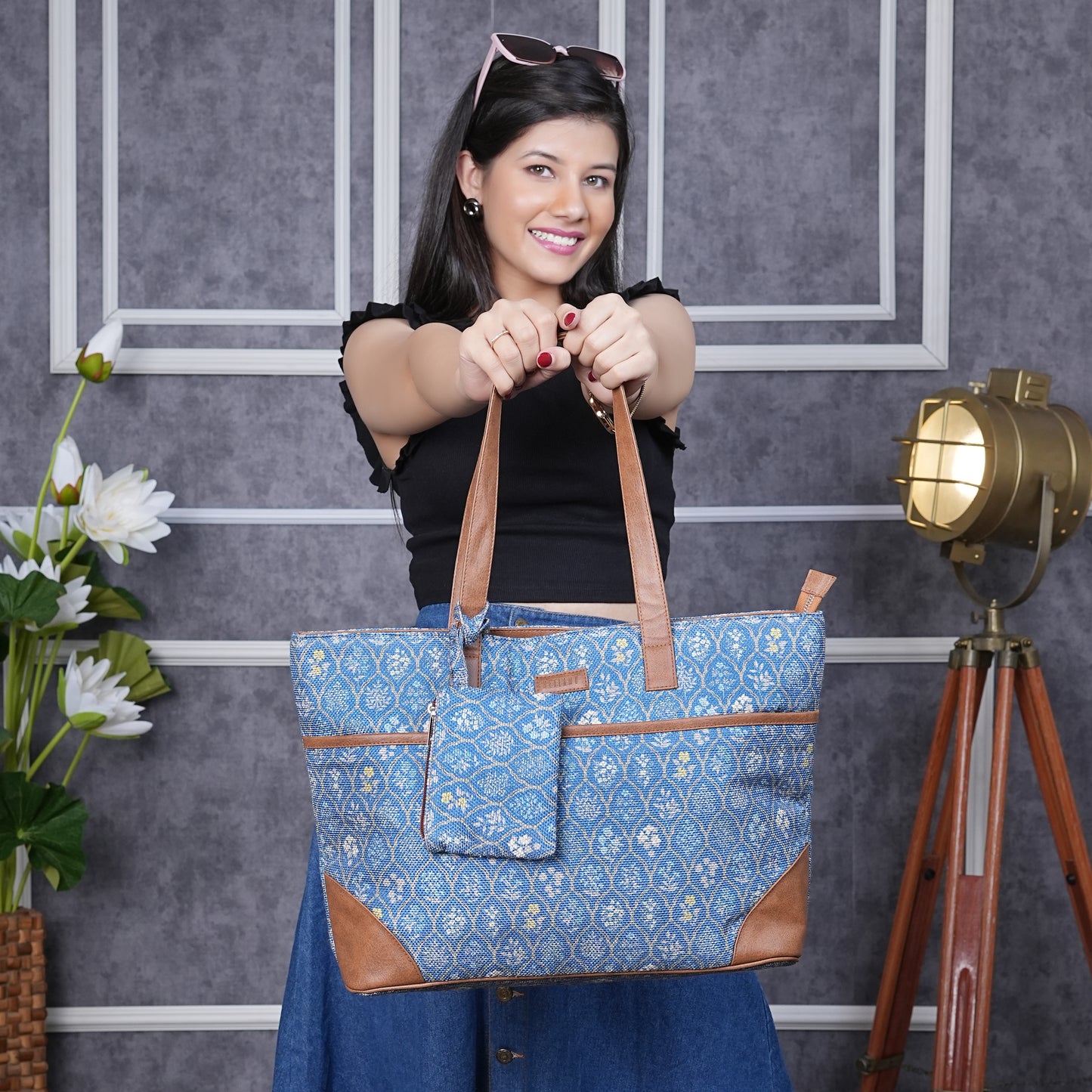 Blue Flowers - Office Tote Bag with Mini Pouch