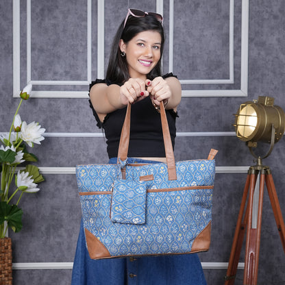 Blue Flowers - Office Tote Bag with Mini Pouch