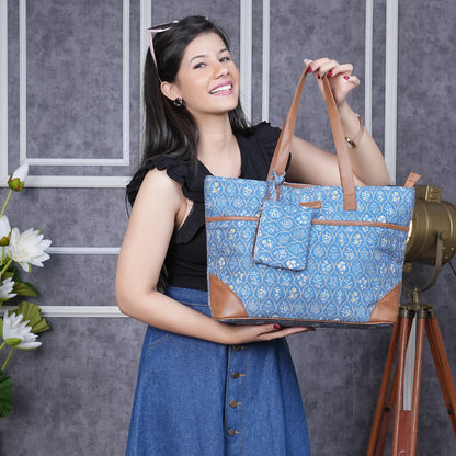 Blue Flowers - Office Tote Bag with Mini Pouch