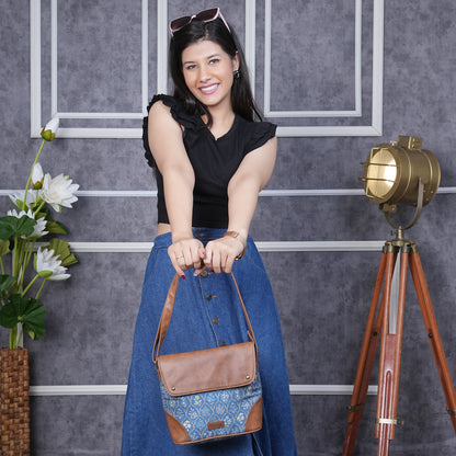 Sling Bag with Flap - Blue Flowers