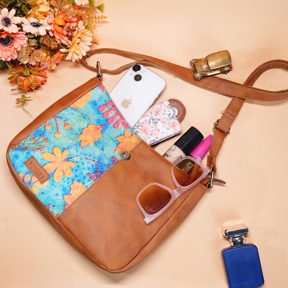 Golden Leaves sling bag interior with one zip pocket and two open pockets
