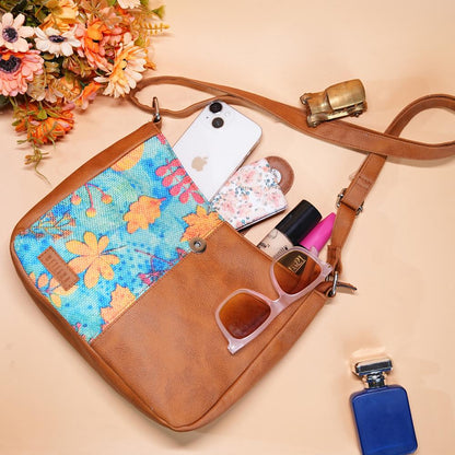 Golden Leaves sling bag interior with one zip pocket and two open pockets