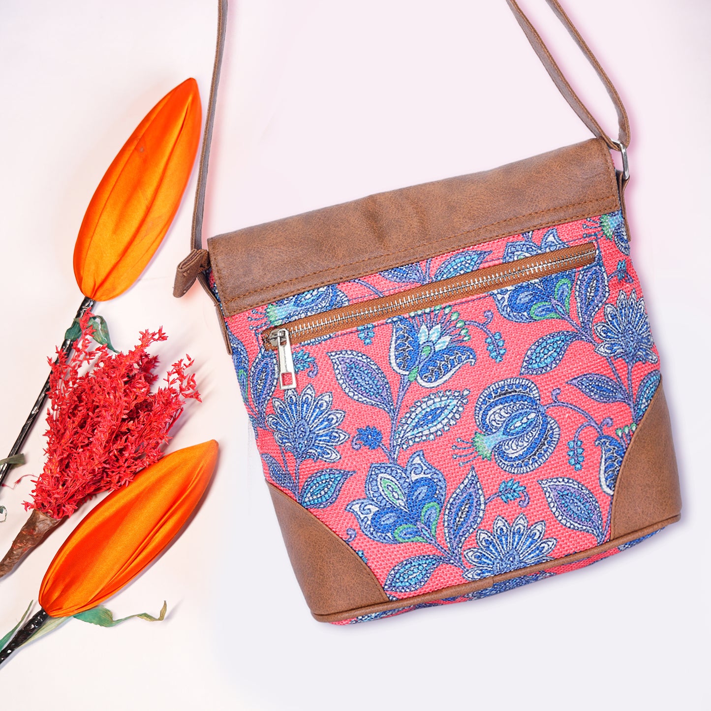 Sling Bag with Flap - Blue & White Flowers