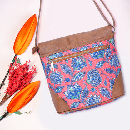 Sling Bag with Flap - Blue & White Flowers