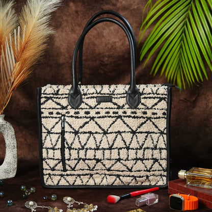 Monochrome Tribal handcrafted office tote bag for women with laptop sleeve