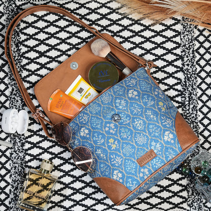 Sling Bag with Flap - Blue Flowers