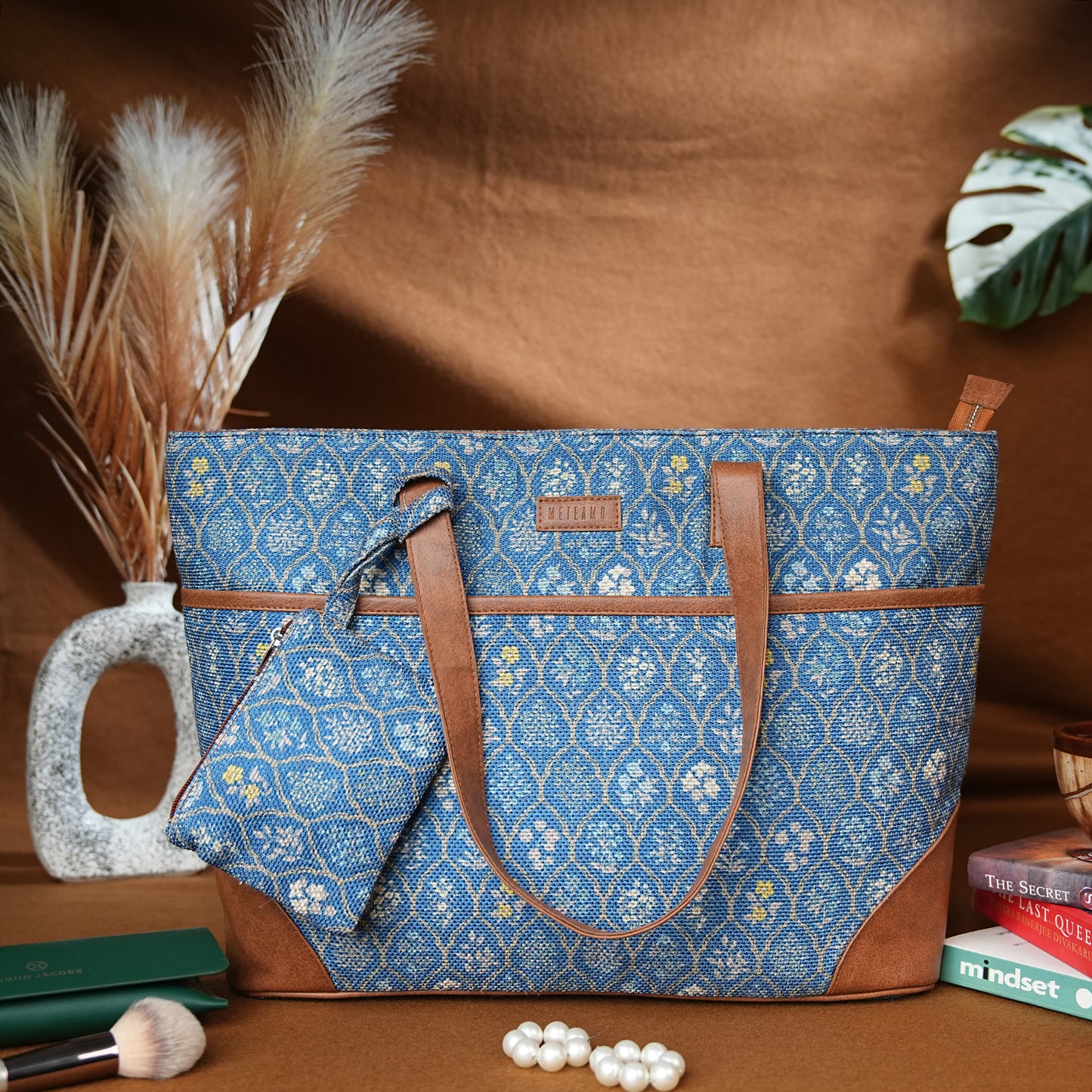 Blue Flowers - Office Tote Bag with Mini Pouch