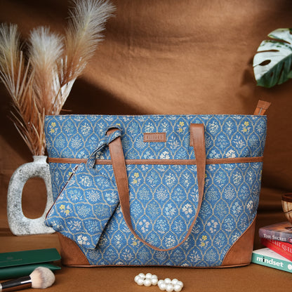 Blue Flowers - Office Tote Bag with Mini Pouch