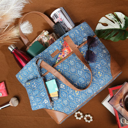 Blue Flowers - Office Tote Bag with Mini Pouch