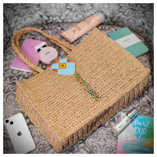 Daalin - Raffia Box Bag with Beaded Decorative Flap