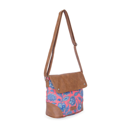 Sling Bag with Flap - Blue & White Flowers