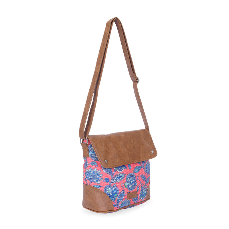 Sling Bag with Flap - Blue & White Flowers