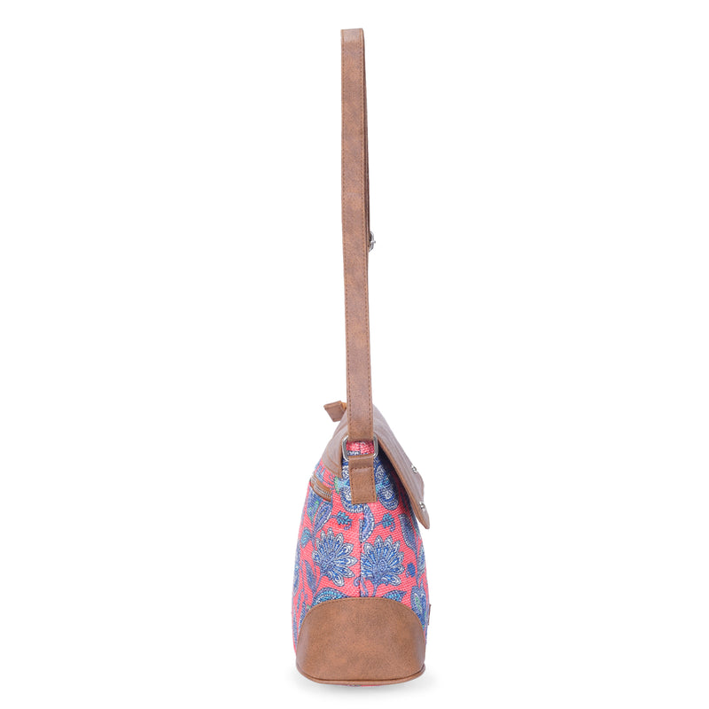 Sling Bag with Flap - Blue & White Flowers