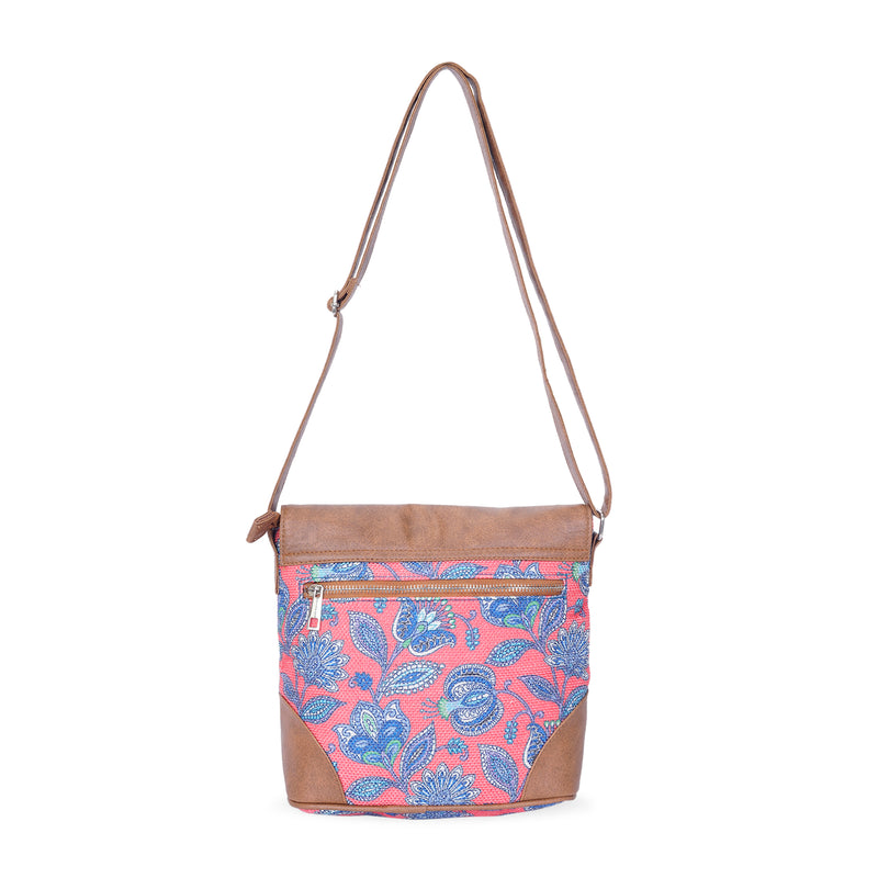 Sling Bag with Flap - Blue & White Flowers