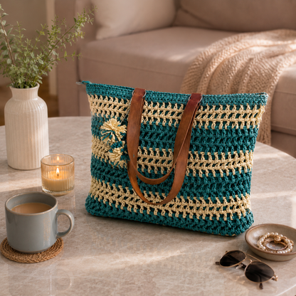 Afreen - Ivory and Teal Raffia Crochet Tote Bag