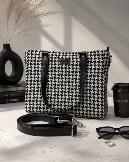 Noir Houndstooth Handcrafted Office Tote for Women