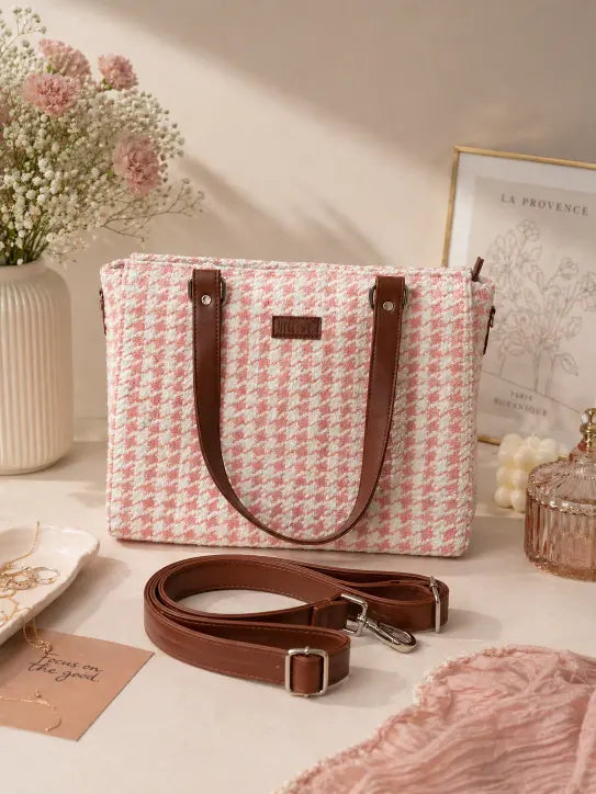 Pink Houndstooth Handcrafted Office Tote for Women