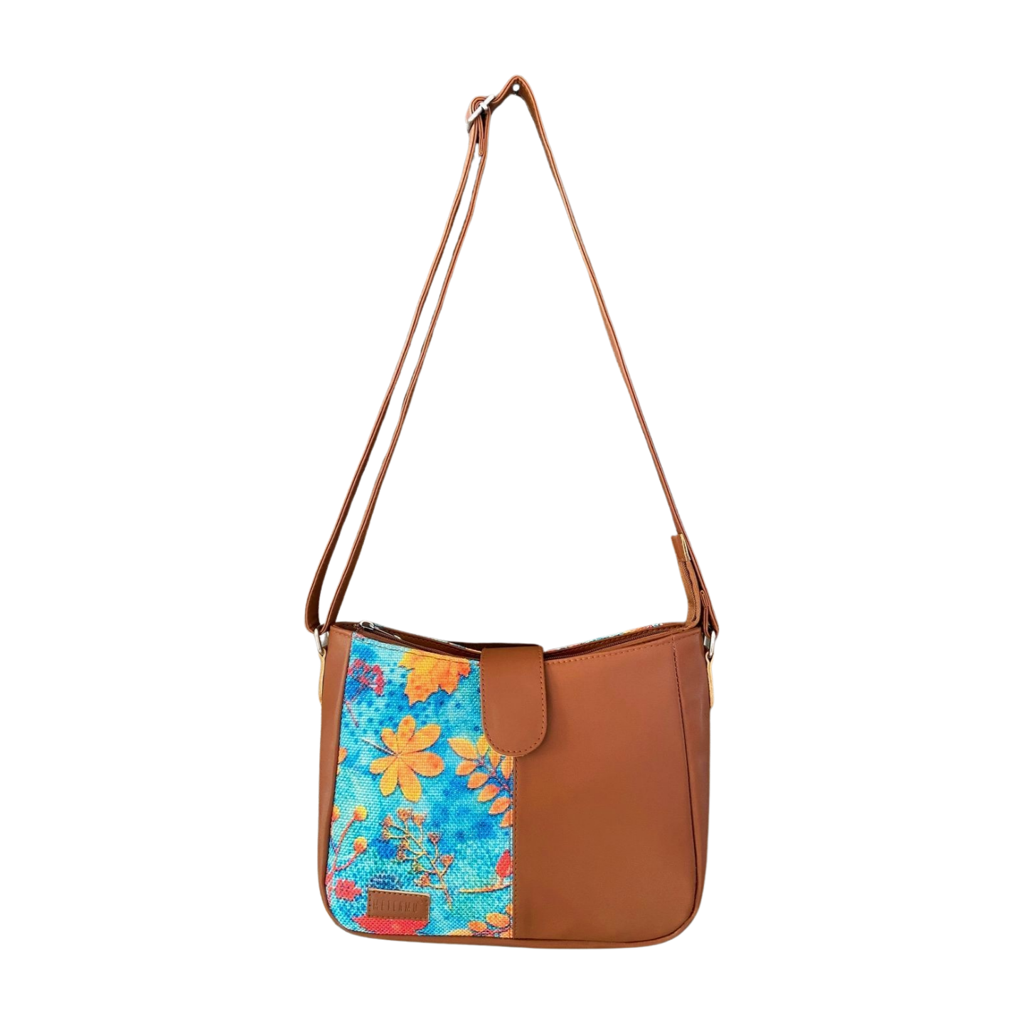Adjustable vegan leather strap and handcrafted printed fabric detail