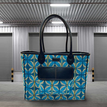 Vintage Petal Office Tote - Blue (with front pocket)