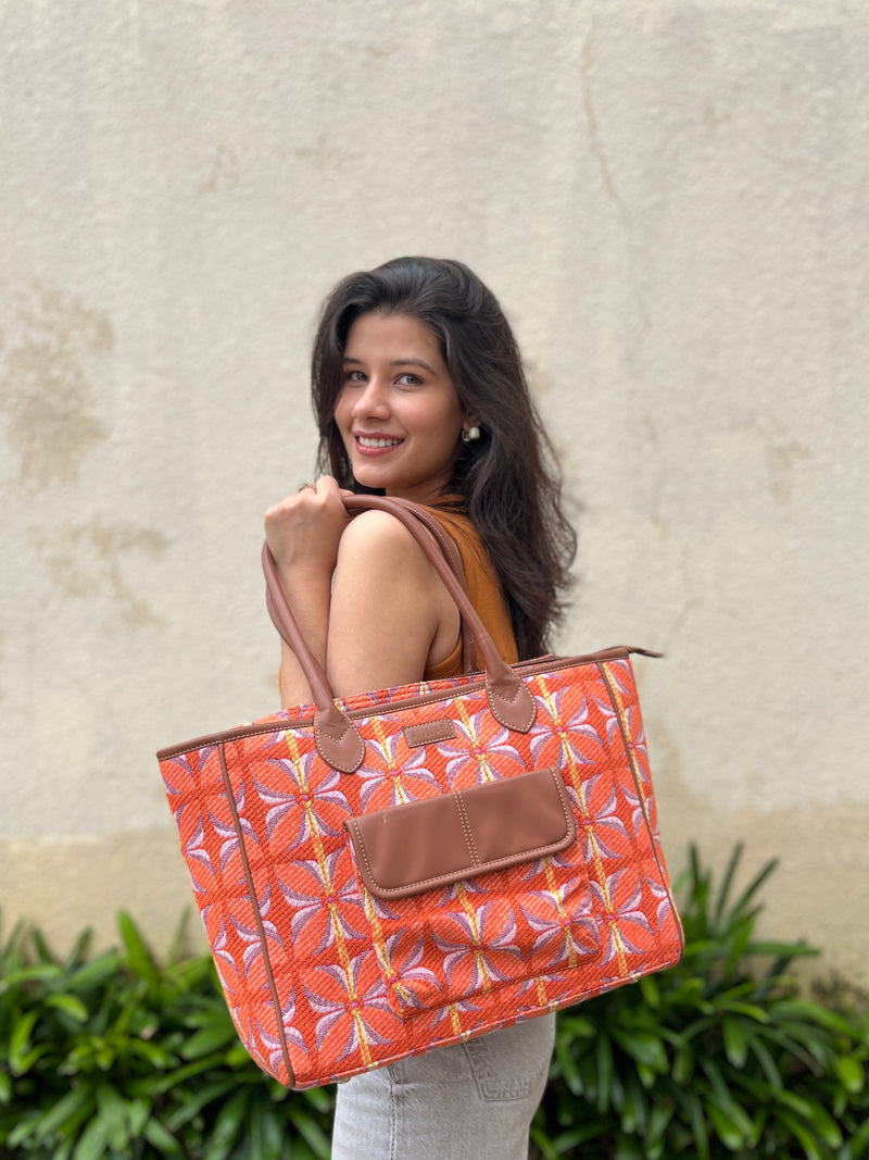 Vintage Petal Office Tote - Tangerine Bliss (with front pocket)