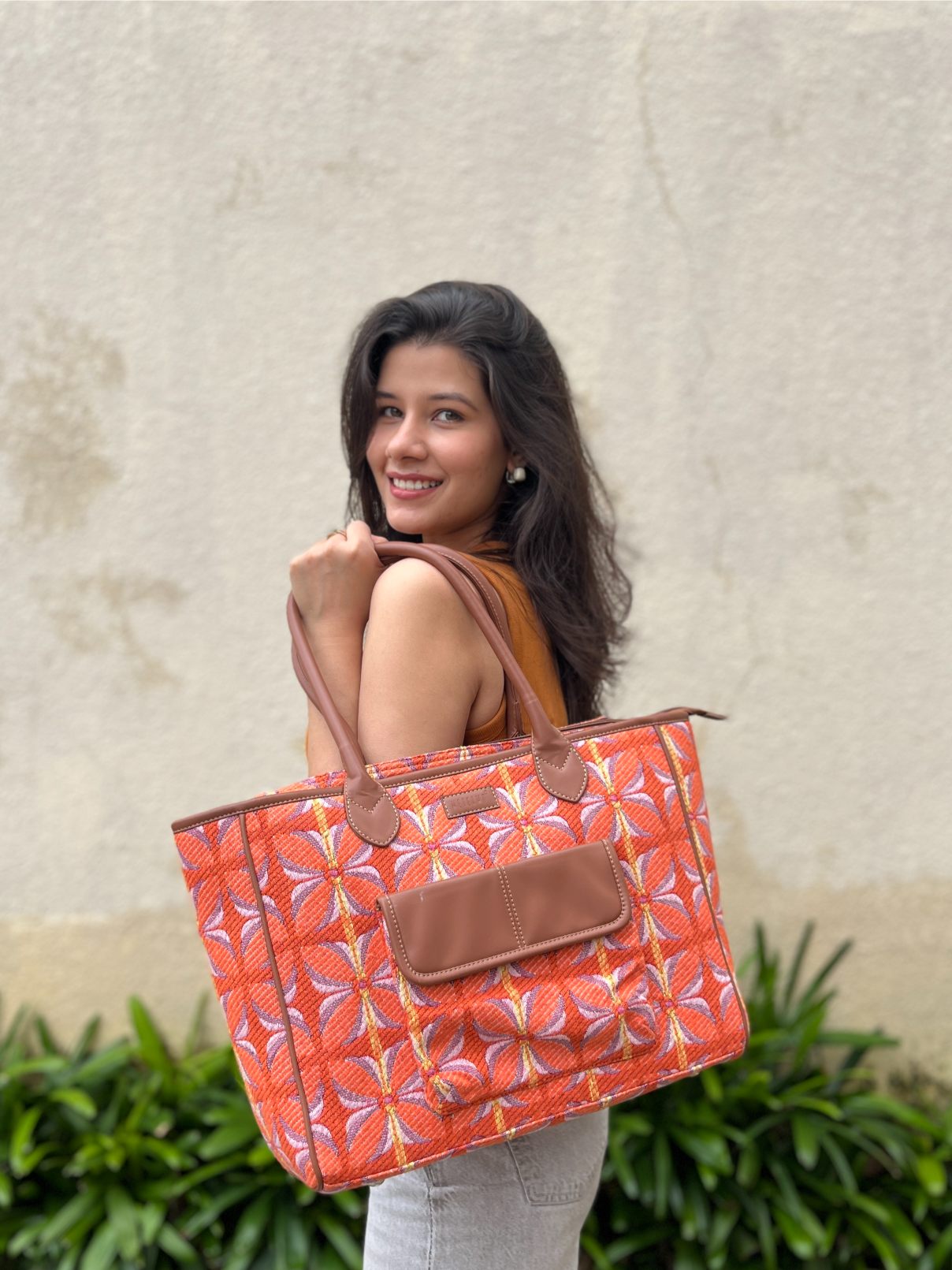 Vintage Petal Office Tote - Tangerine Bliss (with front pocket)