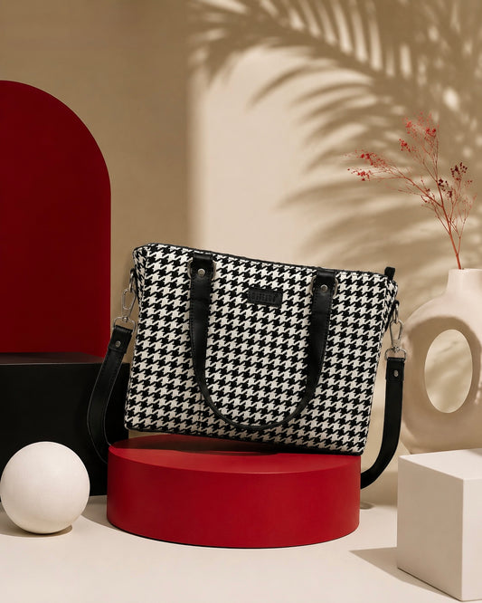 Noir Houndstooth Handcrafted Office Tote for Women
