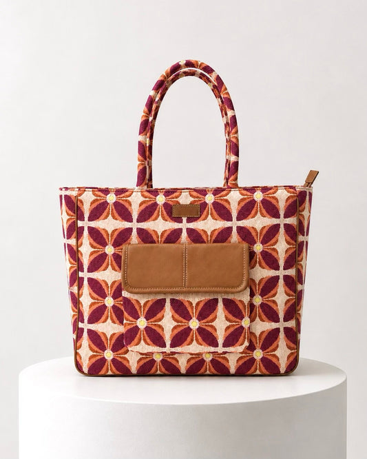 Vintage Petal Office Tote - Sunset Bloom (with front pocket)