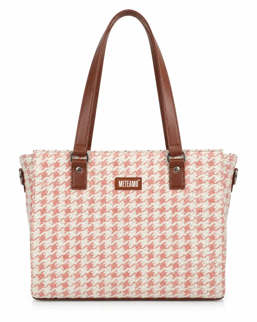 Pink Houndstooth Handcrafted Office Tote for Women (Pink, vegan leather) - view 2