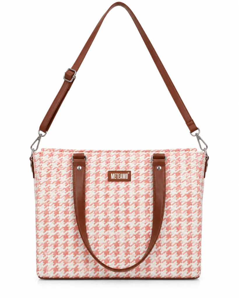 Pink Houndstooth Handcrafted Office Tote for Women (Pink, vegan leather) - view 3