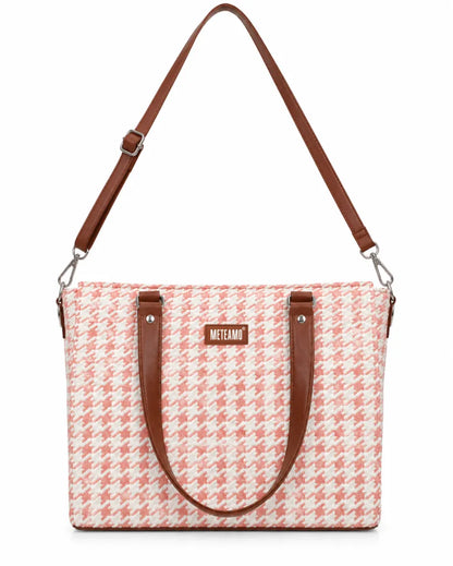 Pink Houndstooth Handcrafted Office Tote for Women (Pink, vegan leather) - view 3