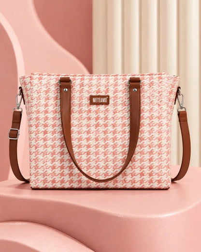 Pink Houndstooth Handcrafted Office Tote for Women (Pink, vegan leather)