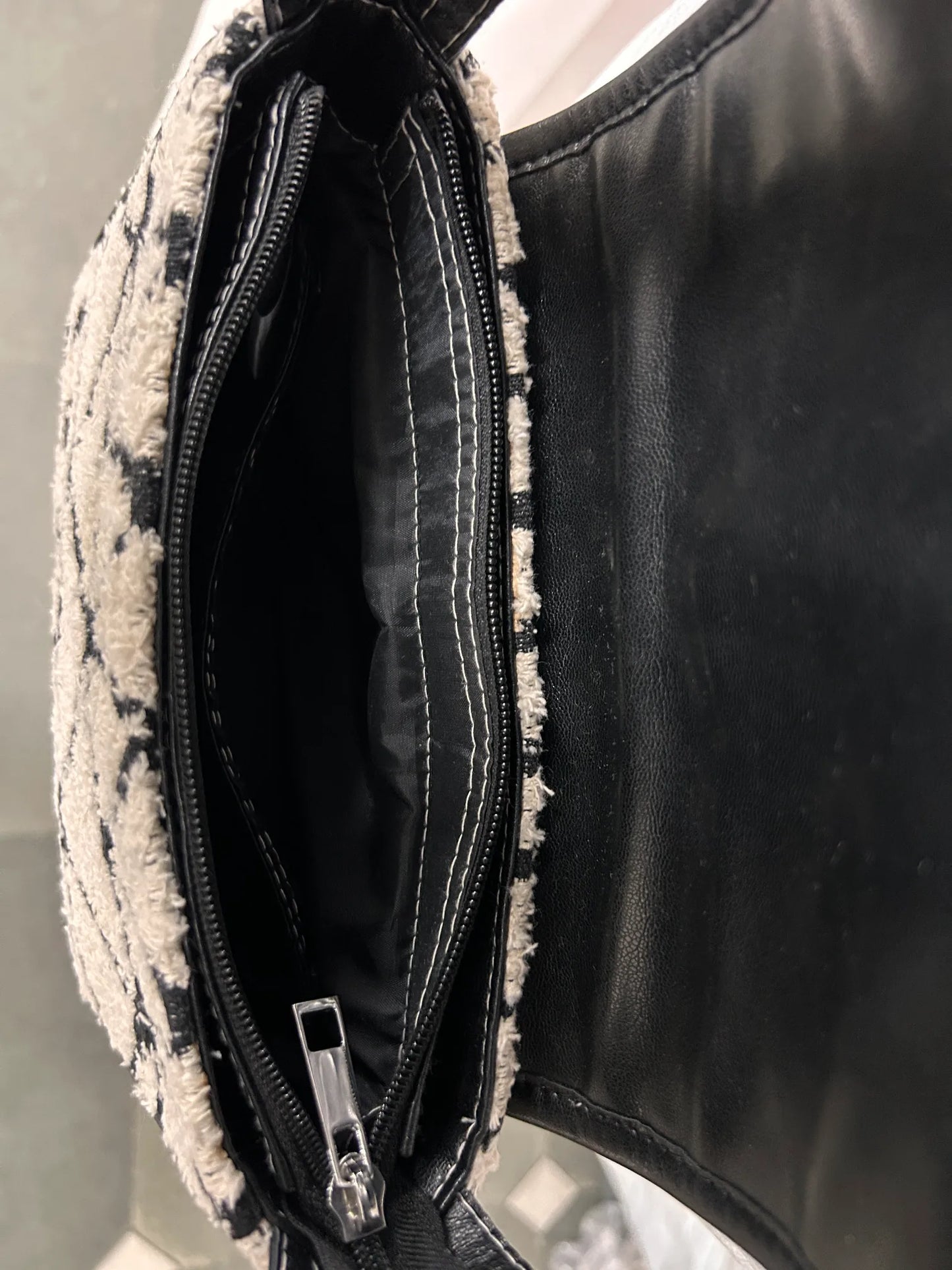 Monochrome Muse black and cream flap shoulder bag for women by METEAMO