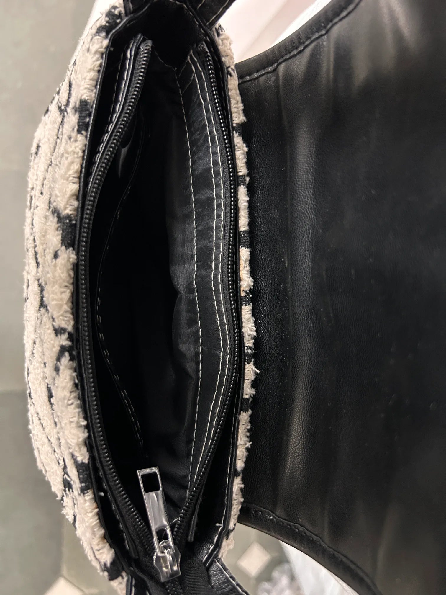 Monochrome Muse black and cream flap shoulder bag for women by METEAMO