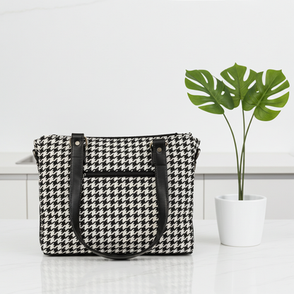 Noir Houndstooth Handcrafted Office Tote for Women