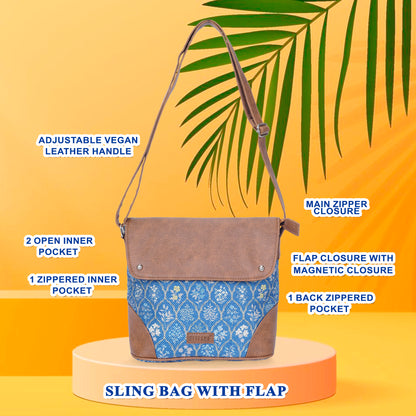 Sling Bag with Flap - Blue Flowers