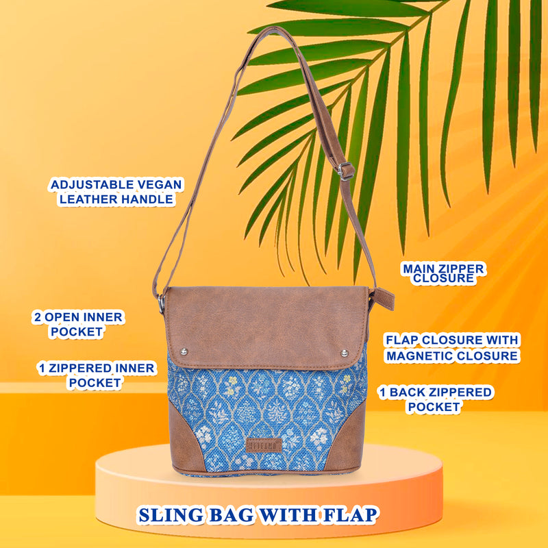 Sling Bag with Flap - Blue Flowers