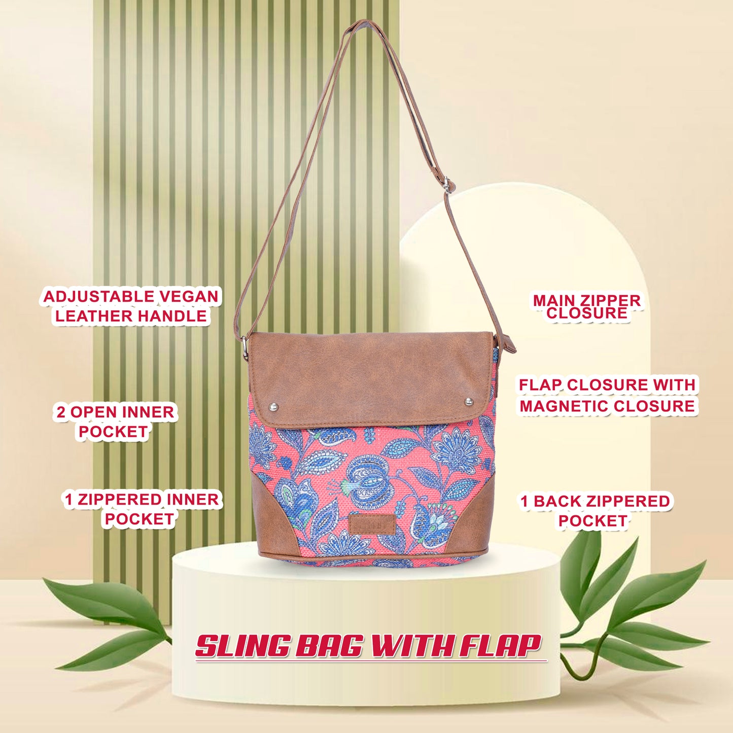 Sling Bag with Flap - Blue & White Flowers