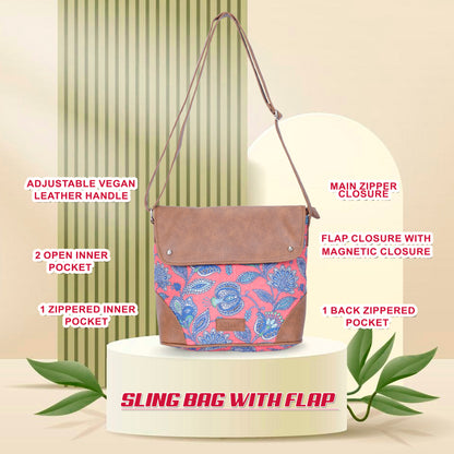 Sling Bag with Flap - Blue & White Flowers