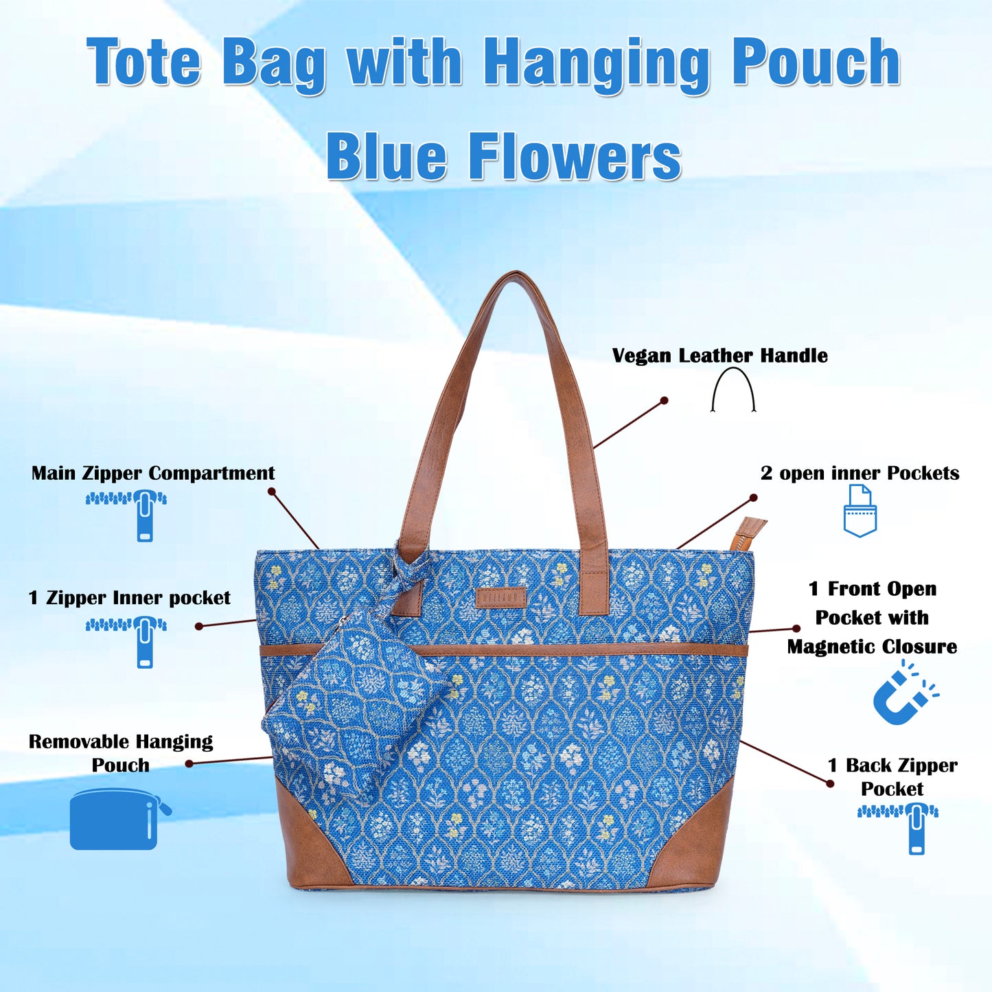Blue Flowers - Office Tote Bag with Mini Pouch