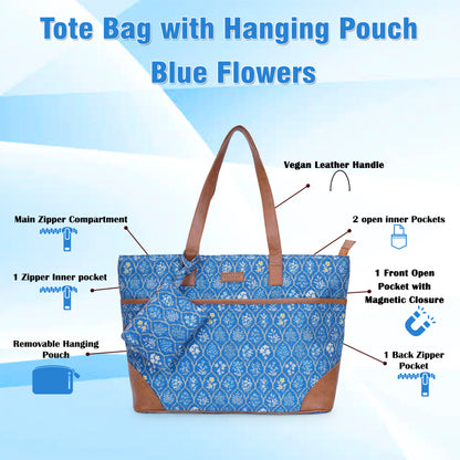 Blue Flowers - Office Tote Bag with Mini Pouch