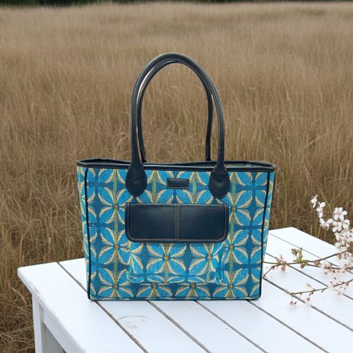 Vintage Petal Office Tote - Blue (with front pocket)