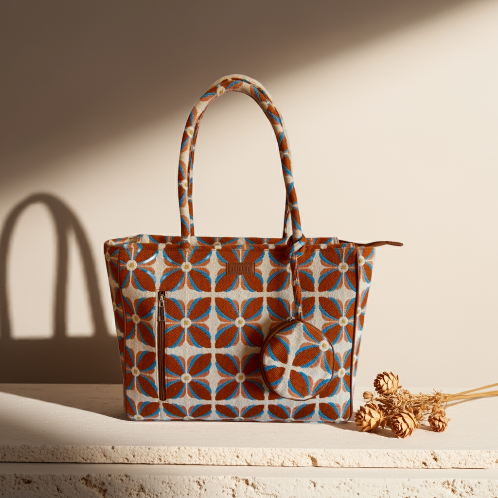 Vintage Petal Office Tote - Burnt Orange (with hanging coin pouch)