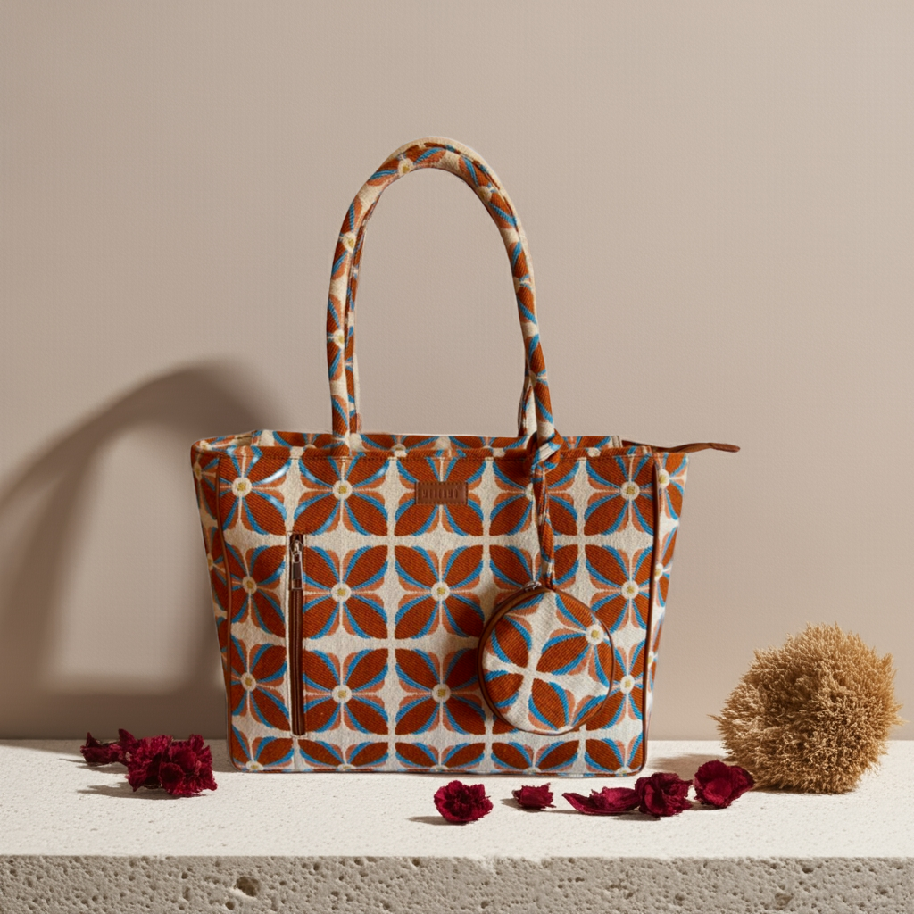 Vintage Petal Office Tote - Burnt Orange (with hanging coin pouch)
