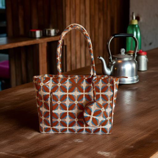 Vintage Petal Office Tote - Burnt Orange (with hanging coin pouch)