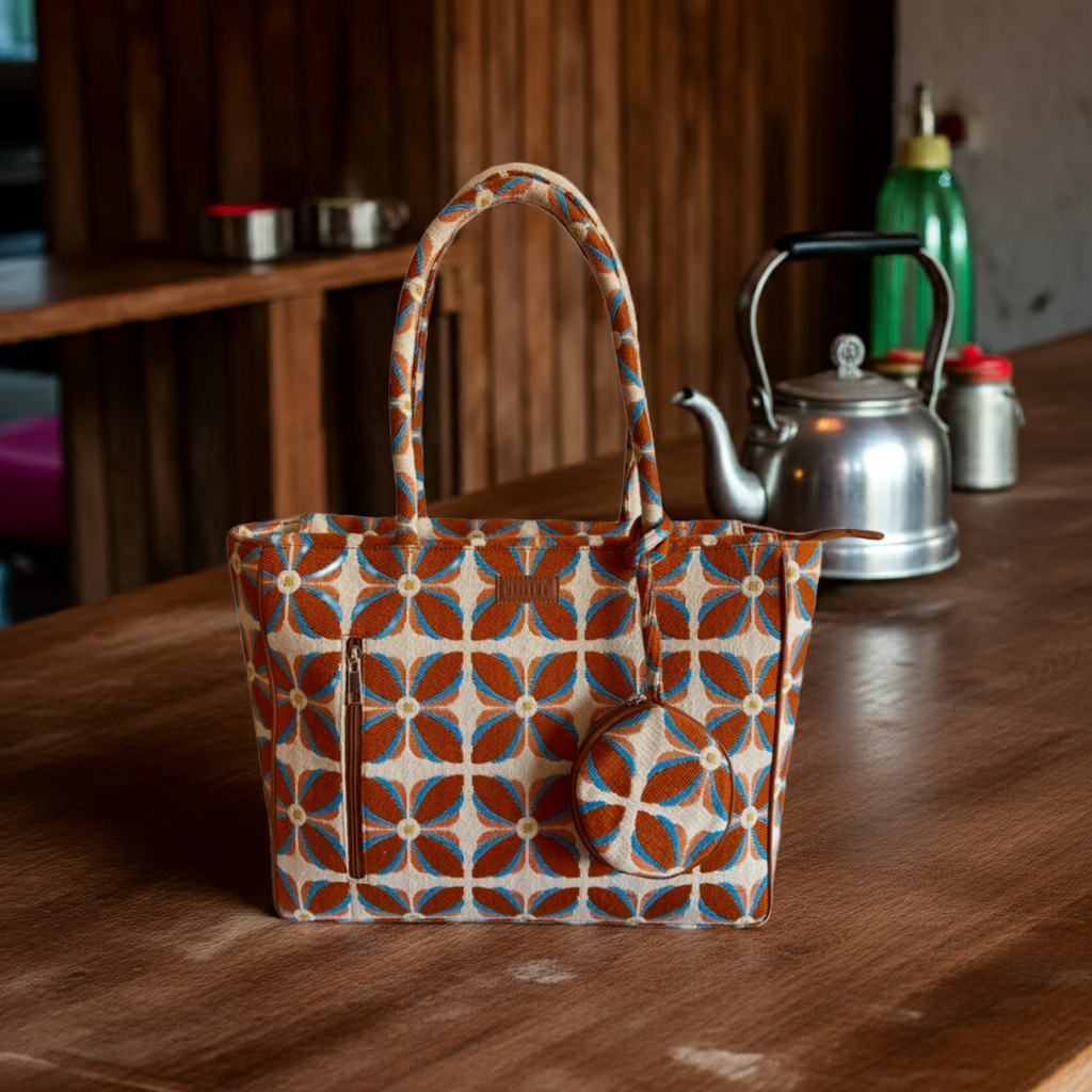 Vintage Petal Office Tote - Burnt Orange (with hanging coin pouch)
