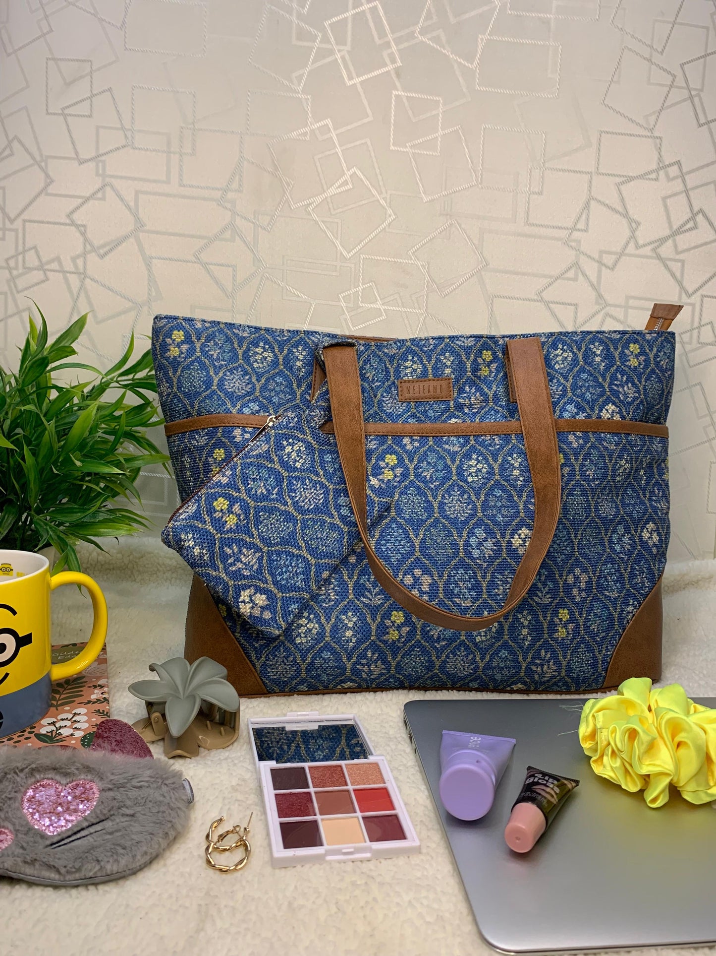 Blue Flowers - Office Tote Bag with Mini Pouch