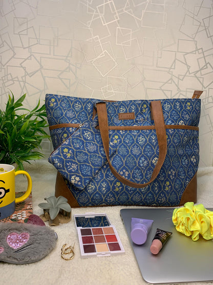 Blue Flowers - Office Tote Bag with Mini Pouch