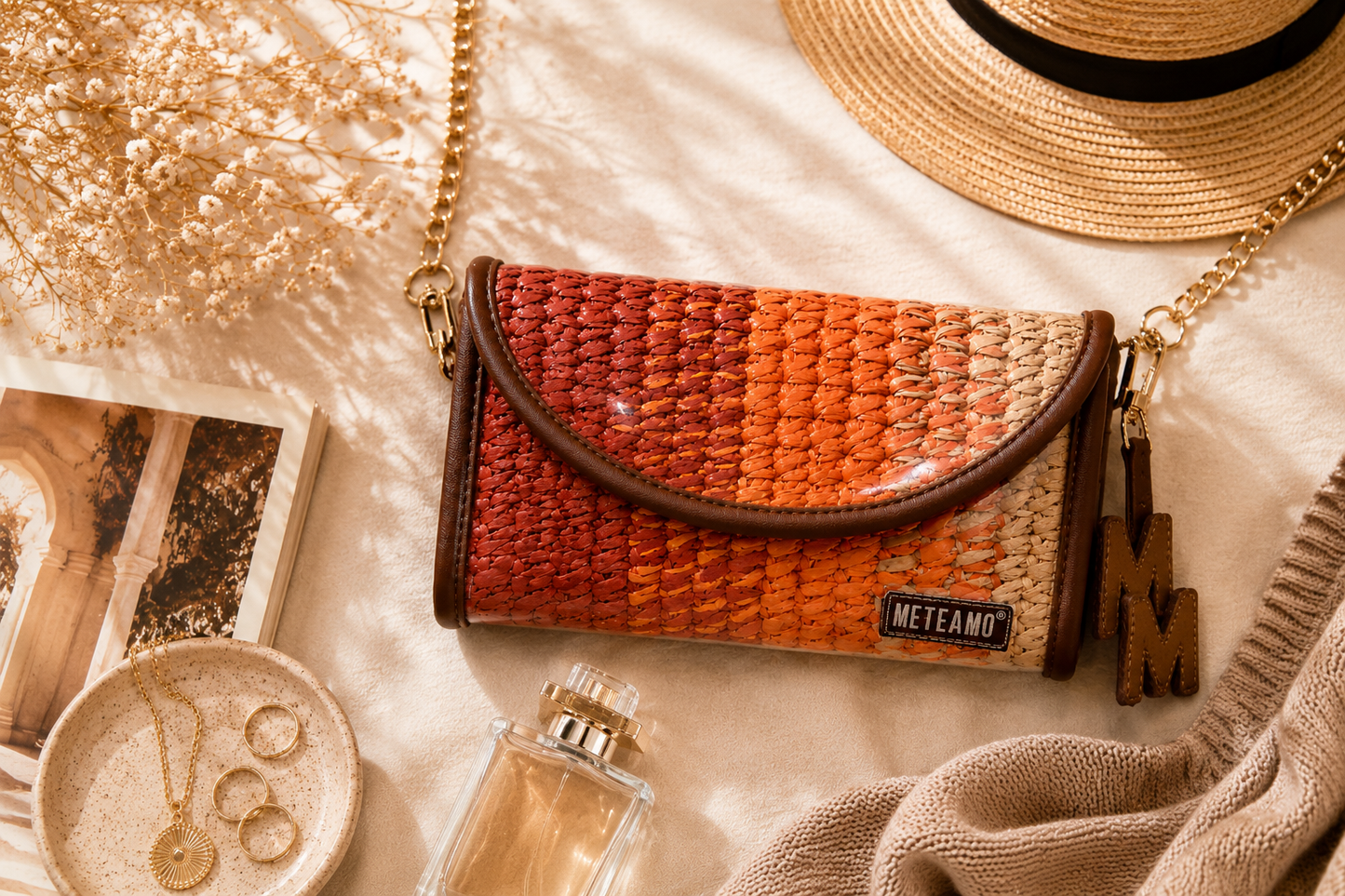 Coral Dusk Raffia Flap Bag