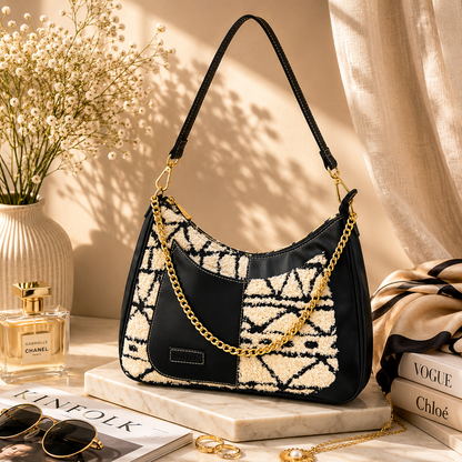 Crescent Baguette - Monochrome Tribal - Everyday Shoulder Bag